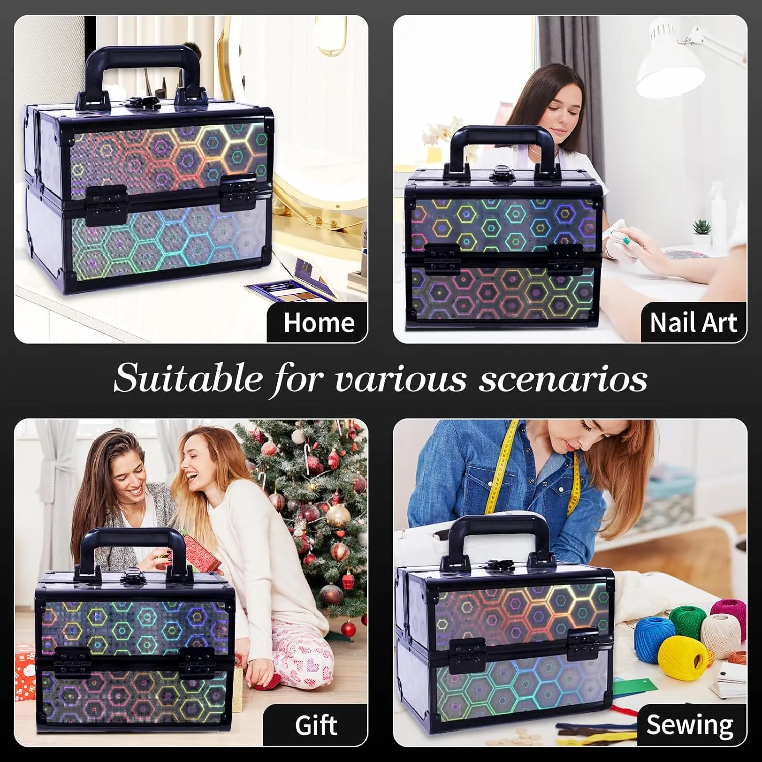 Lightweight Cosmetic Box Makeup Train Case Lockable Makeup Case Organizer 2 Trays Makeup Storage with Mirror Locking for Portable Makeup Storage Box-(Dark Grey)