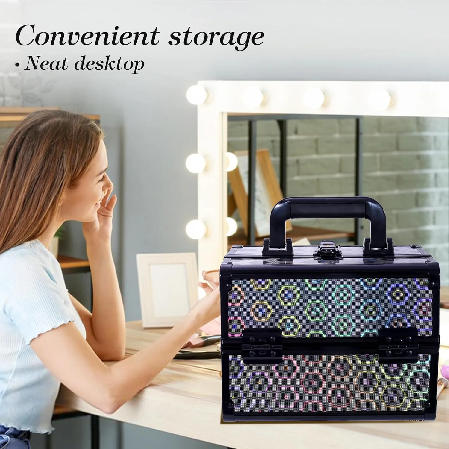 Lightweight Cosmetic Box Makeup Train Case Lockable Makeup Case Organizer 2 Trays Makeup Storage with Mirror Locking for Portable Makeup Storage Box-(Dark Grey)