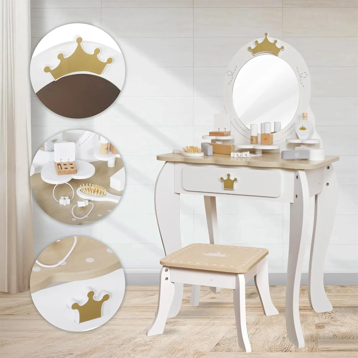 Little Girls Makeup Table with Mirror and Chair, Kids Vanity Table&Chair Set with Storage Drawer,Toddler Pretend Play Vanity Set with 9 pcs Multiple Make up Accessories,Princess Vanity Desk for 3 Kid