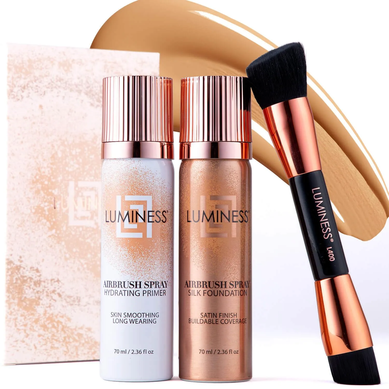 LUMINESS Airbrush Flawless 4-PC Makeup Kit - Includes Eyeshadow Palette, Airbrush Foundation, Primer & Makeup Brushes - Long-Lasting, Silky, Easy to Blend Make Up Set, Travel Size (04 - Medium)