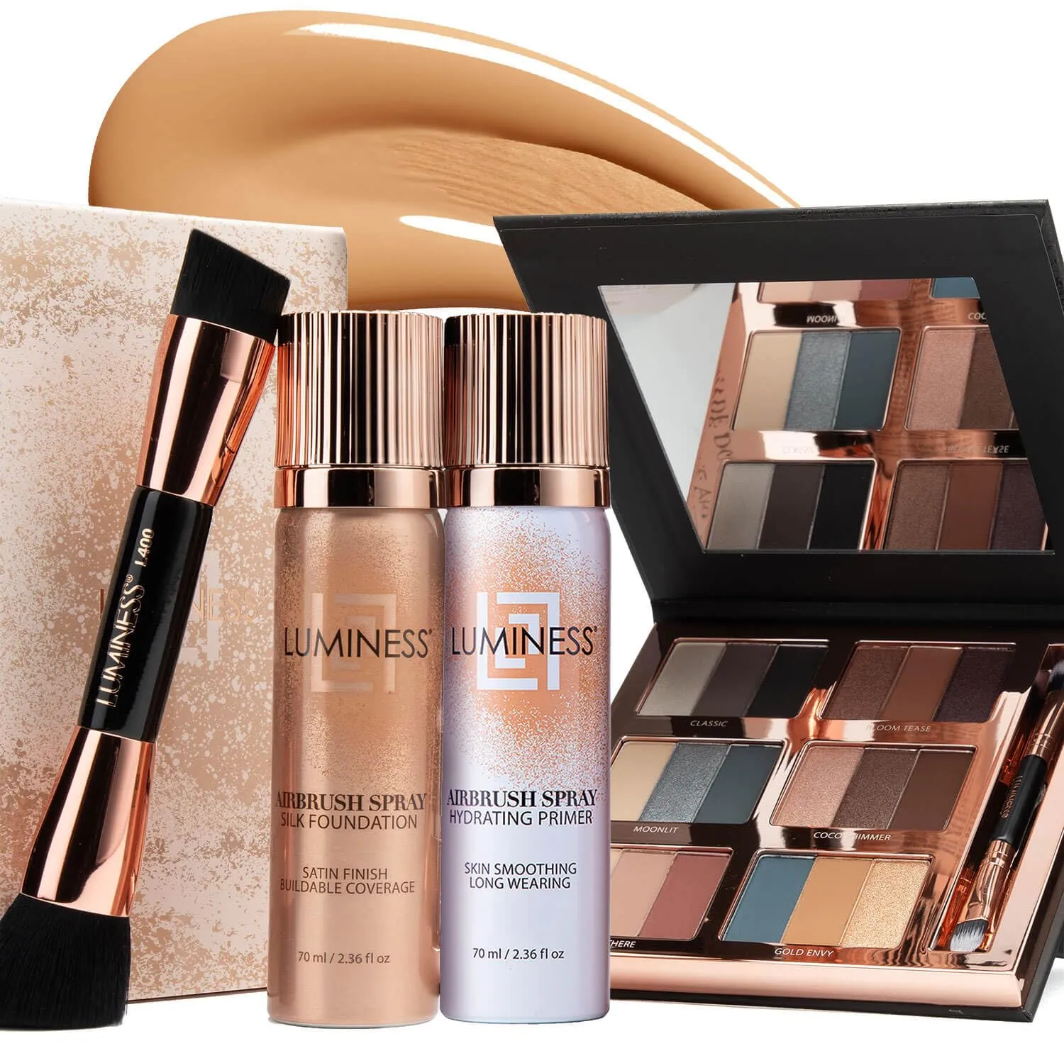LUMINESS Airbrush Flawless 4-PC Makeup Kit - Includes Eyeshadow Palette, Airbrush Foundation, Primer & Makeup Brushes - Long-Lasting, Silky, Easy to Blend Make Up Set, Travel Size (04 - Medium)