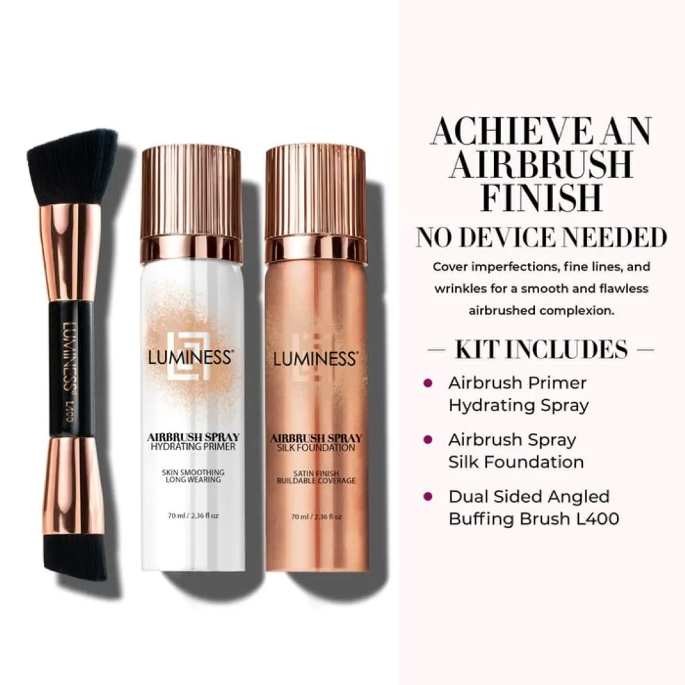LUMINESS Airbrush Flawless 4-PC Makeup Kit - Includes Eyeshadow Palette, Airbrush Foundation, Primer & Makeup Brushes - Long-Lasting, Silky, Easy to Blend Make Up Set, Travel Size (04 - Medium)