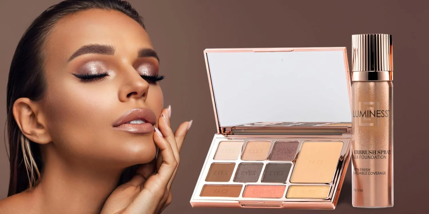 LUMINESS Complete Makeup Kit - Includes Face Palette, Airbrush Foundation, Primer and Brush - Silky, Long-Wearing, Easy to Blend, Perfect Makeup for Older Women, 4-PC Make Up Set (06 - Light Warm)