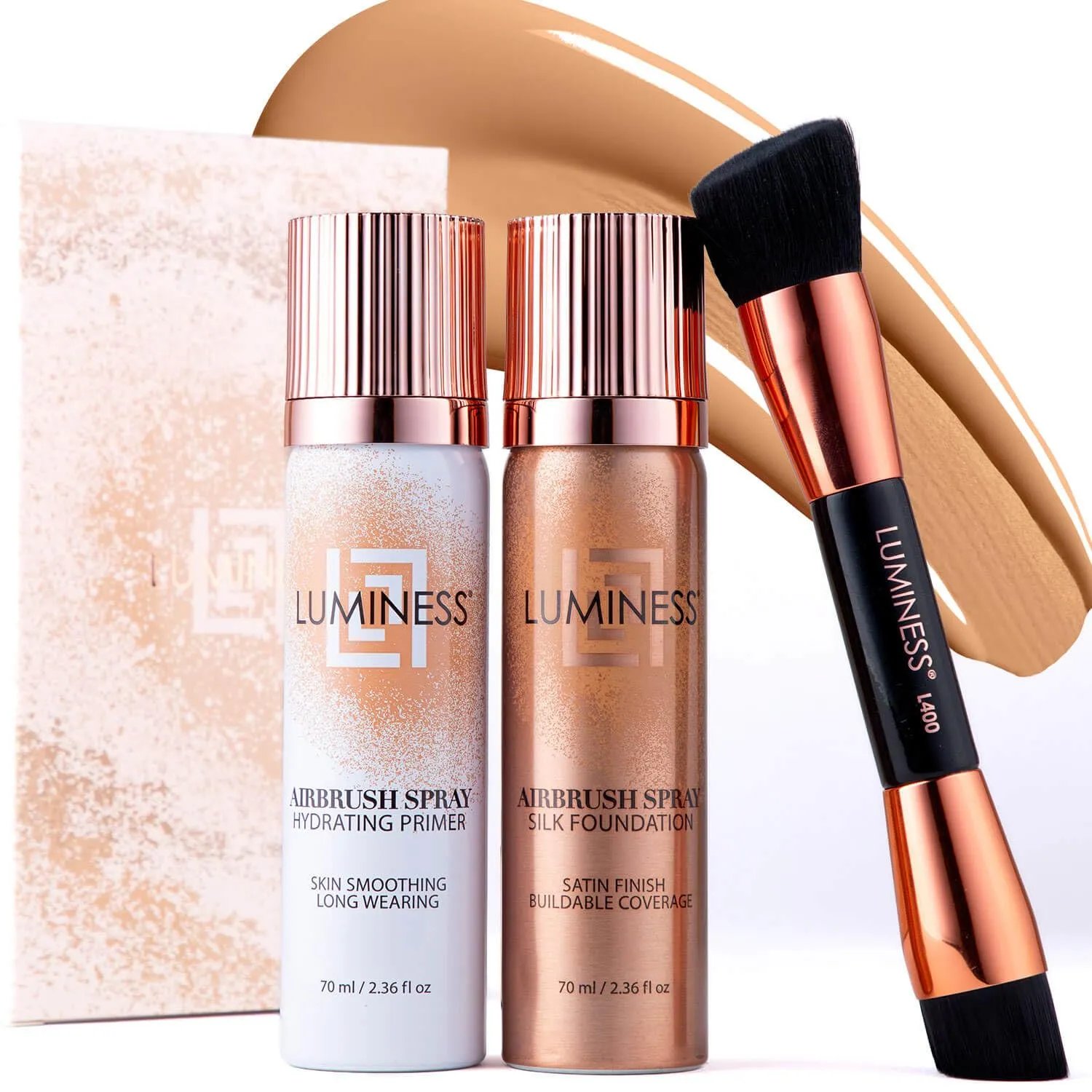 LUMINESS Complete Makeup Kit - Includes Face Palette, Airbrush Foundation, Primer and Brush - Silky, Long-Wearing, Easy to Blend, Perfect Makeup for Older Women, 4-PC Make Up Set (06 - Light Warm)