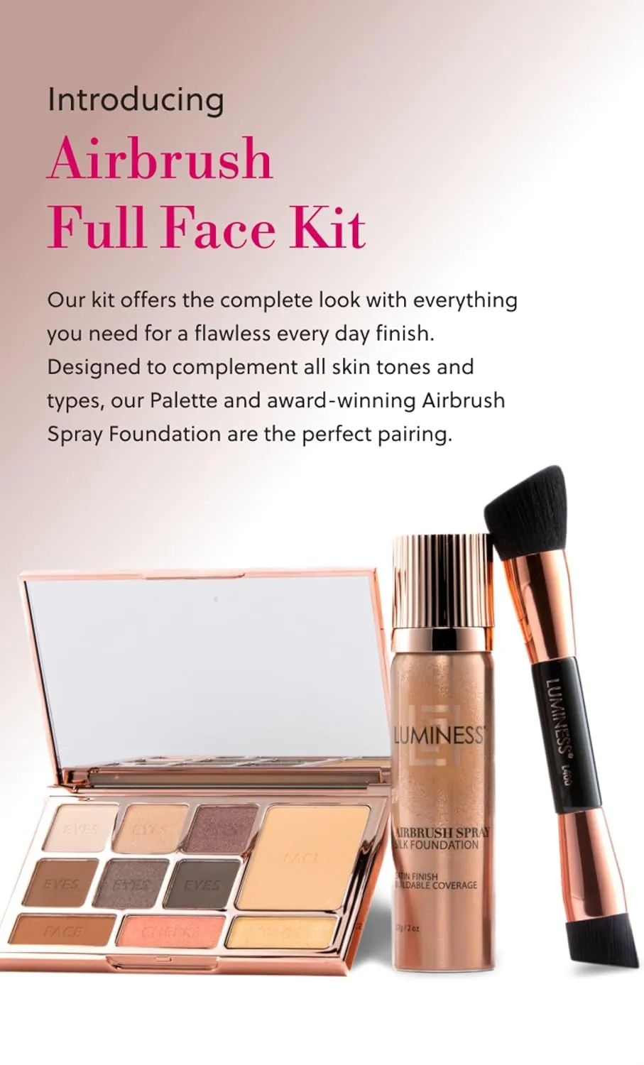 LUMINESS Complete Makeup Kit - Includes Face Palette, Airbrush Foundation, Primer and Brush - Silky, Long-Wearing, Easy to Blend, Perfect Makeup for Older Women, 4-PC Make Up Set (06 - Light Warm)