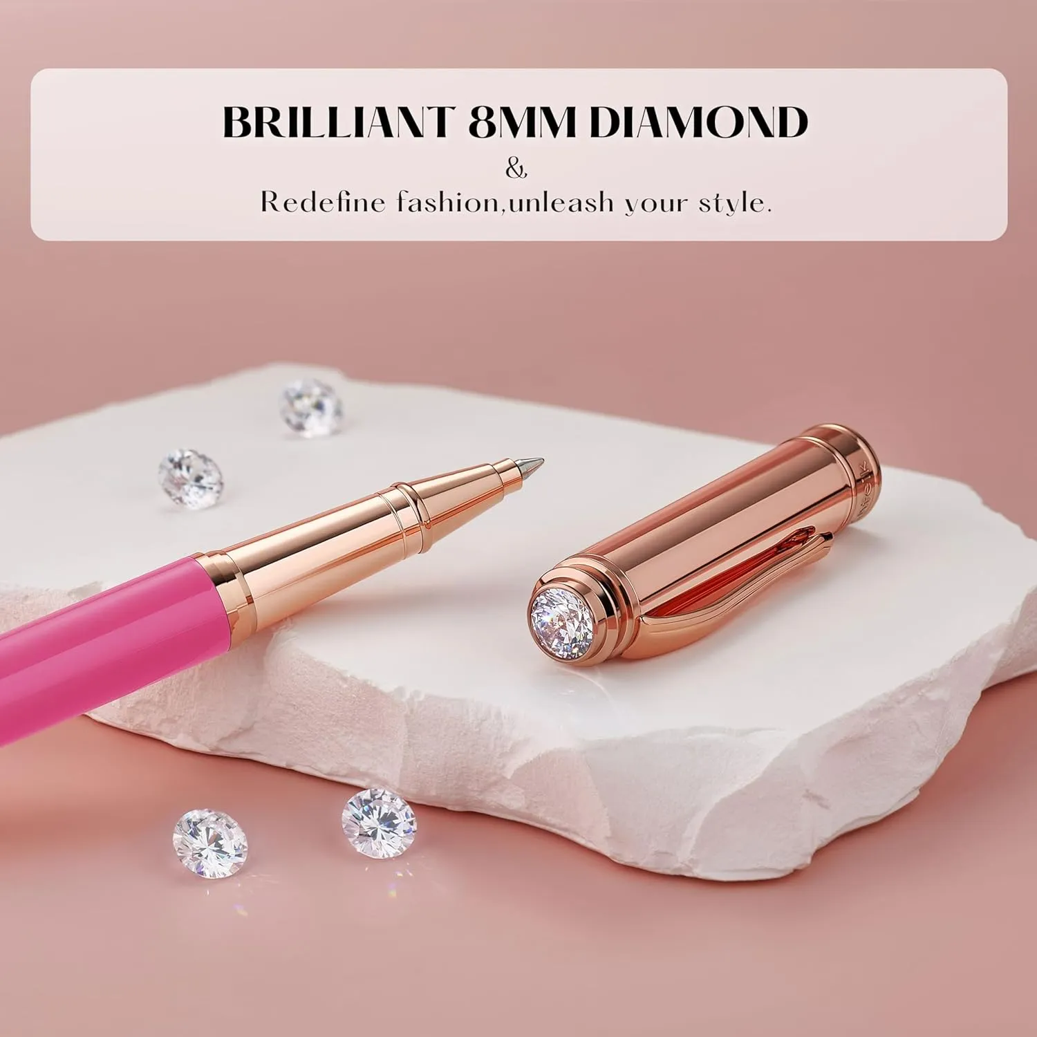 Luxury Rollerball Pen, With 8mm Brilliant diamond,Vibrant Pink Pen,Attractive Real Rose Gold Finish, Schmidt Black Refill,Glitter Fancy Pens Gifts for Women Wedding Bridesmaid Office,Nice pen