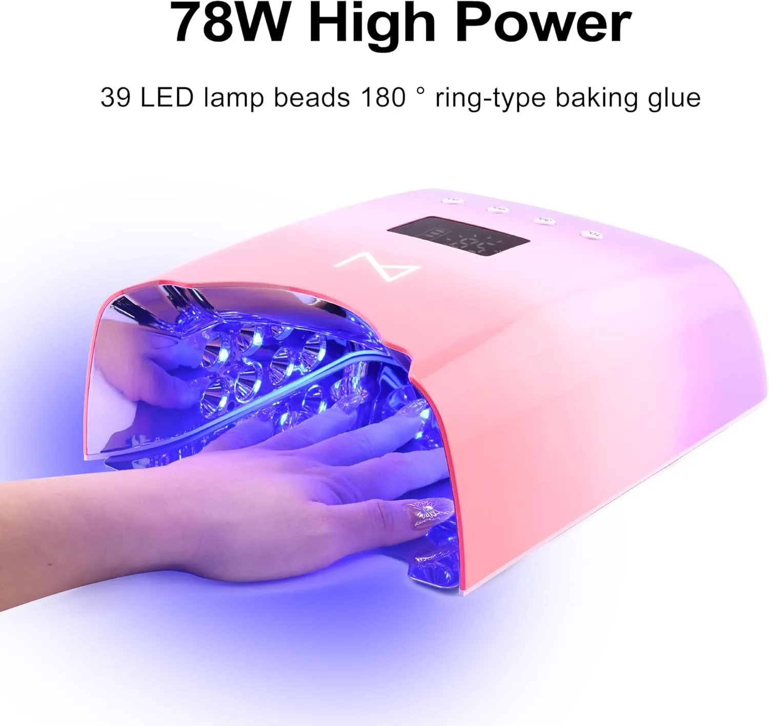 M - NEO Cordless & Rechargeable Nail Curing Lamp 78W with 4 LCD Time Display Timer, Auto Sensor, and Spacious Interior for All Hand Sizes and Nail Lengths (Metallic Rose Gold)