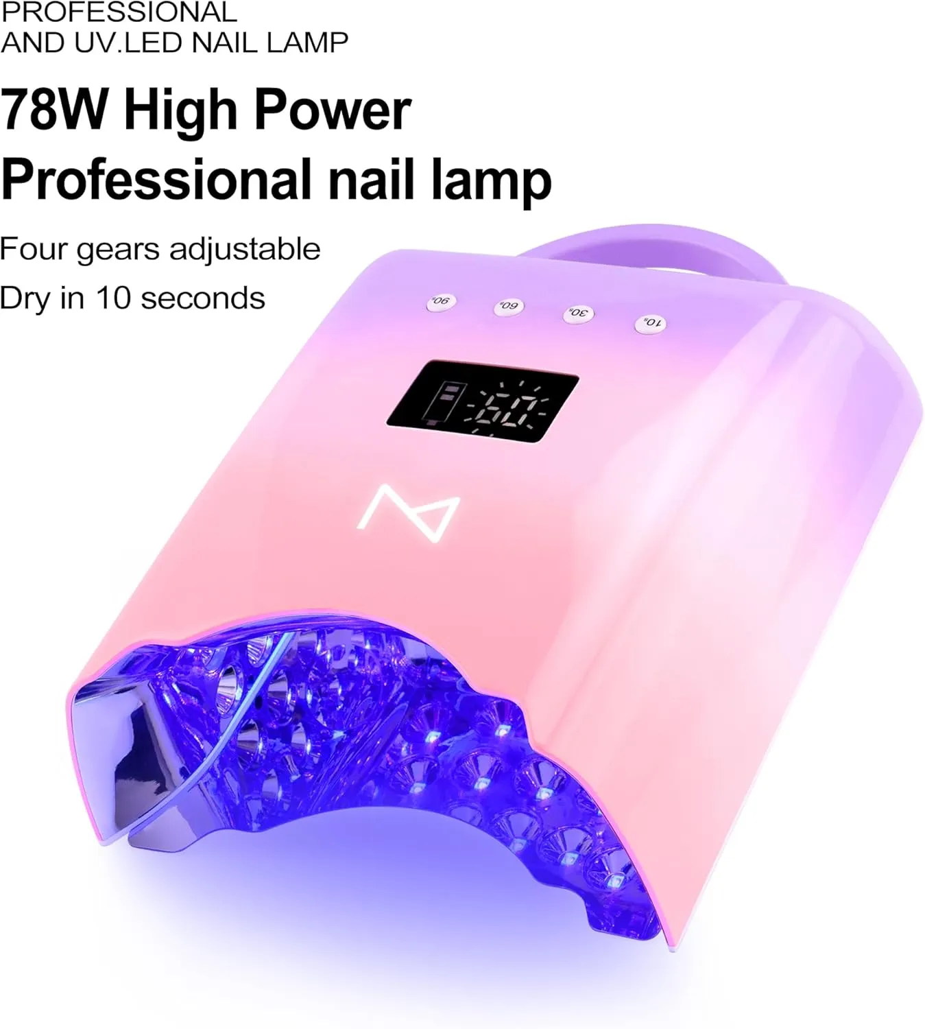 M - NEO Cordless & Rechargeable Nail Curing Lamp 78W with 4 LCD Time Display Timer, Auto Sensor, and Spacious Interior for All Hand Sizes and Nail Lengths (Metallic Rose Gold)