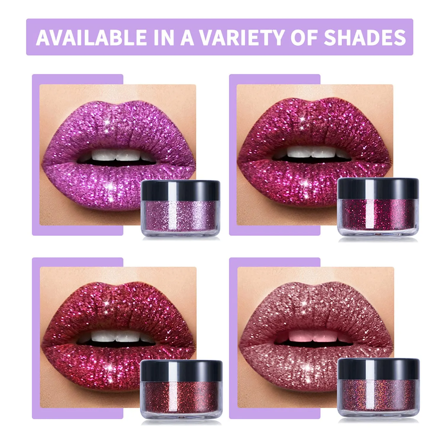 MAEPEOR Glitter Lip Kit 4 Colors Diamond Metallic Shimmer Lip Powder with Primer and Brush for Lips Nails Art (Pink Red)