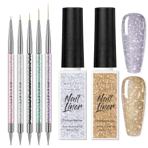 Makartt Nail Art Brushes Set 5PCS Double-End Nail Design Brushes Bundle with 2 Colors Glitter Silver Gold Gel Nail