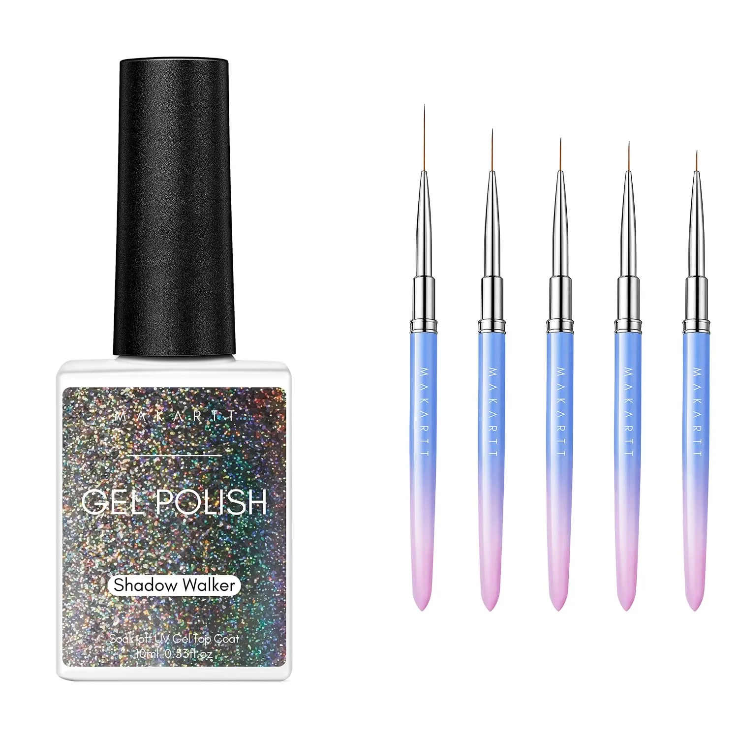 Makartt Nail Art Brushes,Liner for Nails, 5pcs, 7/9/11/15/25mm Bundle With Universal Rainbow Cat Eye Gel Nali Polish 10ml Holographic 9D Sparkly Hole Cat Eye Glitter Gel Polish