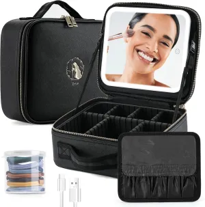 Makeup Bag with LED Mirror, Travel Makeup Case with Lighted Mirror, Portable Makeup Organizer Cosmetic Train Case for Women Adjustable Dividers Beauty Tools Accessories