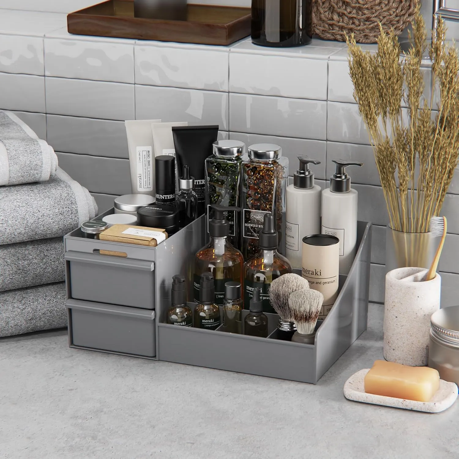 Makeup Organizer Countertop, Vanity Organizer with Drawers for Cosmetics, Skincare, Brushes, Perfume, Skincare Organizer for Vanity, Perfume Organizer for Dresser, Bathroom (Grey&2 Drawers)
