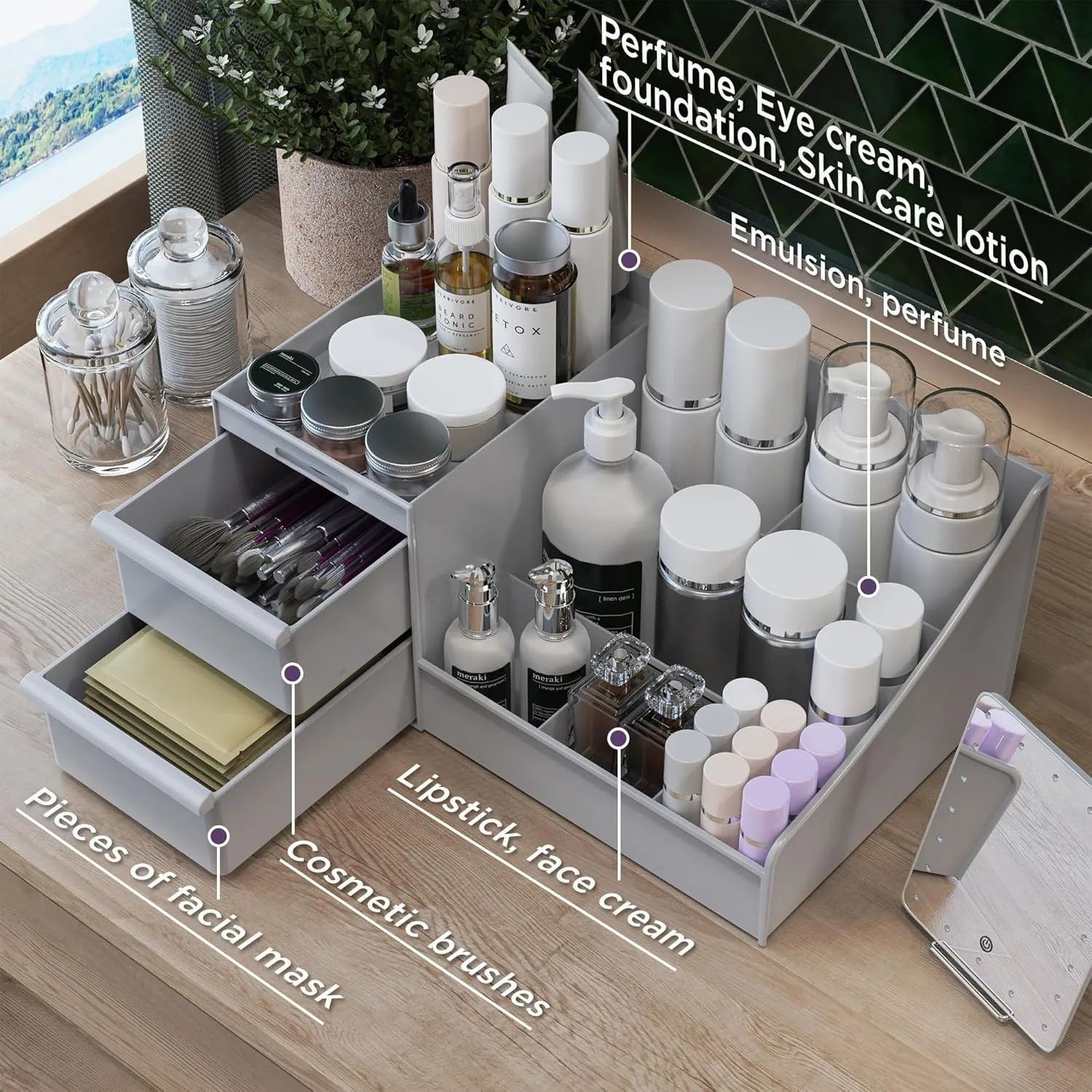 Makeup Organizer Countertop, Vanity Organizer with Drawers for Cosmetics, Skincare, Brushes, Perfume, Skincare Organizer for Vanity, Perfume Organizer for Dresser, Bathroom (Grey&2 Drawers)