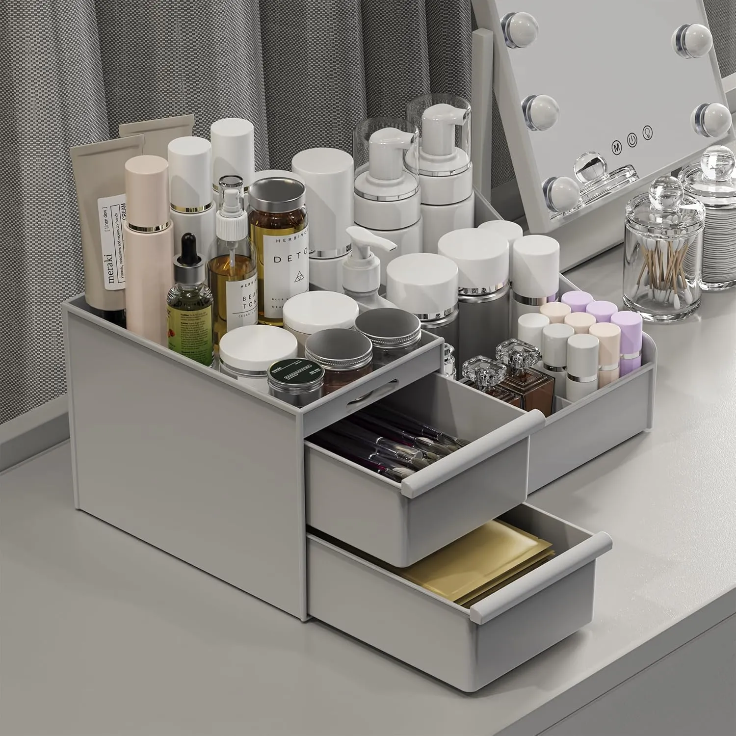 Makeup Organizer Countertop, Vanity Organizer with Drawers for Cosmetics, Skincare, Brushes, Perfume, Skincare Organizer for Vanity, Perfume Organizer for Dresser, Bathroom (Grey&2 Drawers)