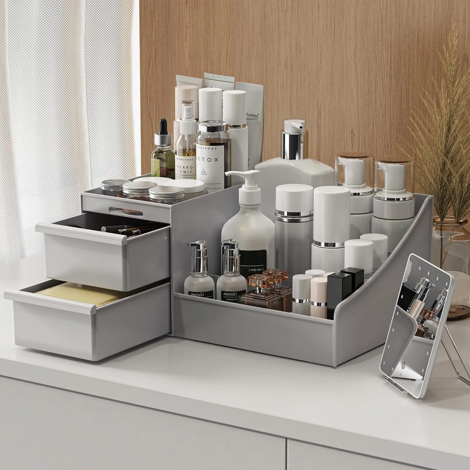 Makeup Organizer Countertop, Vanity Organizer with Drawers for Cosmetics, Skincare, Brushes, Perfume, Skincare Organizer for Vanity, Perfume Organizer for Dresser, Bathroom (Grey&2 Drawers)