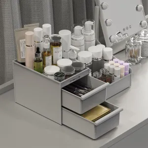 Makeup Organizer Countertop, Vanity Organizer with Drawers for Cosmetics, Skincare, Brushes, Perfume, Skincare Organizer for Vanity, Perfume Organizer for Dresser, Bathroom (Grey&2 Drawers)