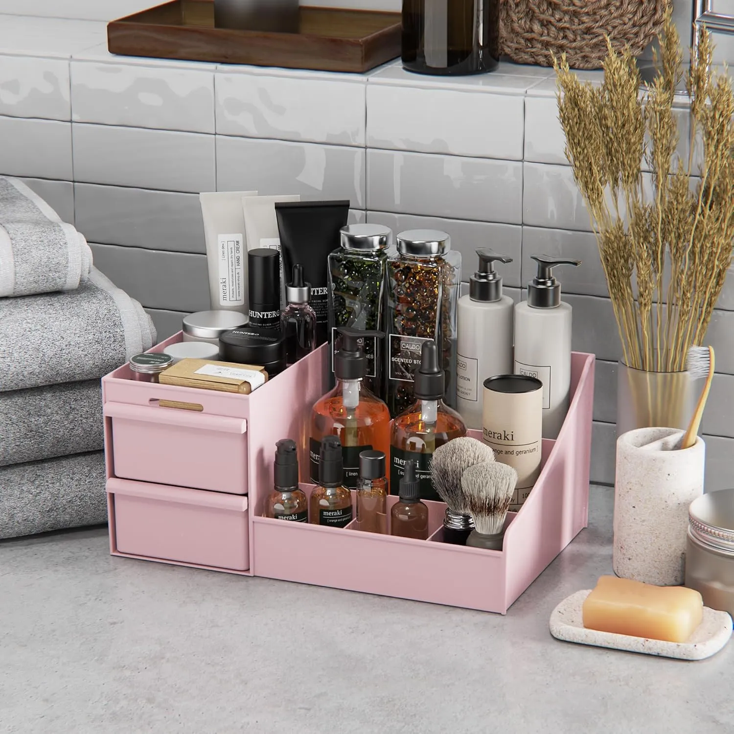 Makeup Organizer Countertop, Vanity Organizer with Drawers for Cosmetics, Skincare, Brushes, Perfume, Skincare Organizer for Vanity, Perfume Organizer for Dresser, Bathroom (Pink&2 Drawers)