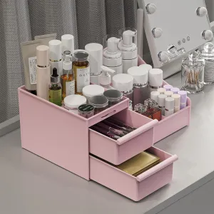 Makeup Organizer Countertop, Vanity Organizer with Drawers for Cosmetics, Skincare, Brushes, Perfume, Skincare Organizer for Vanity, Perfume Organizer for Dresser, Bathroom (Pink&2 Drawers)