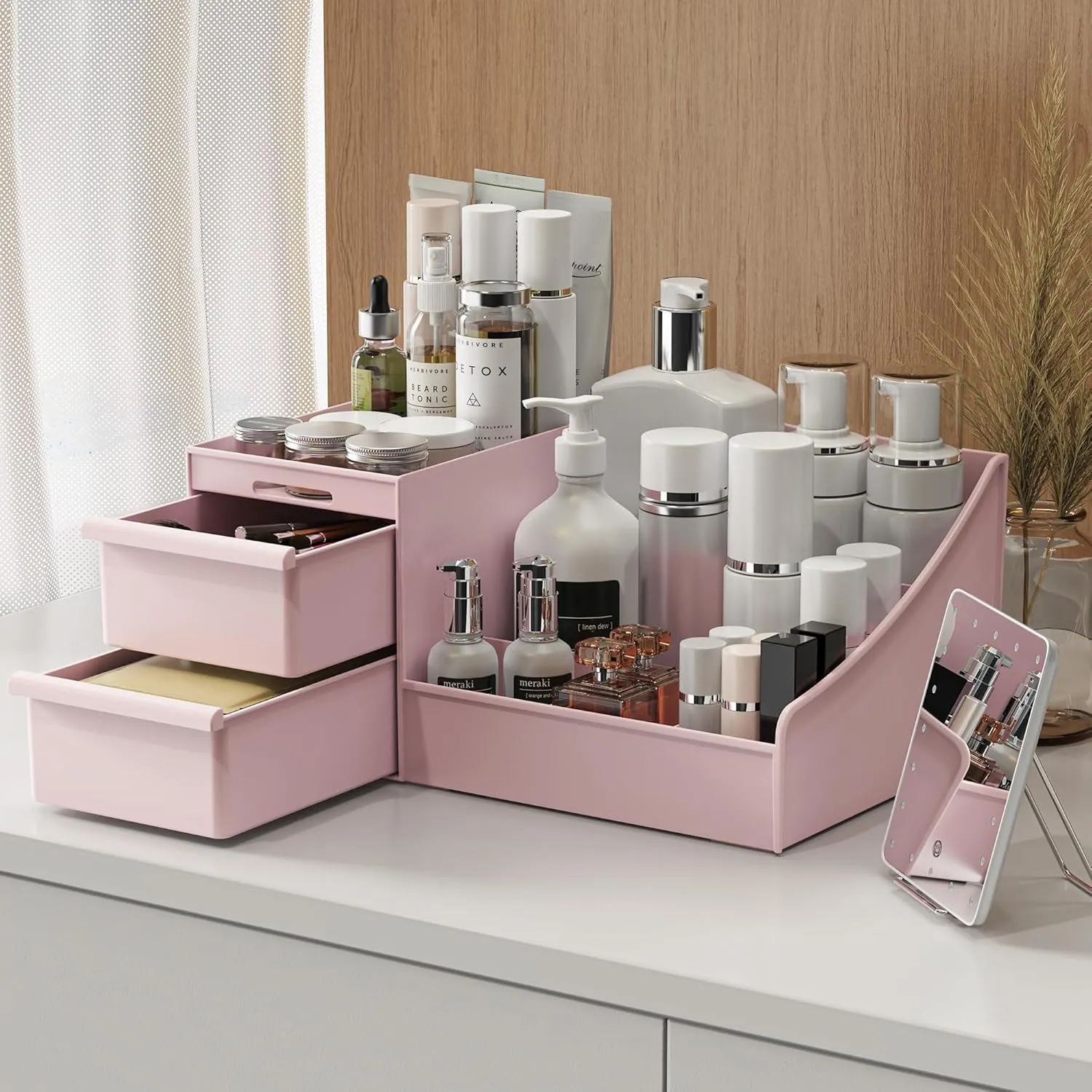 Makeup Organizer Countertop, Vanity Organizer with Drawers for Cosmetics, Skincare, Brushes, Perfume, Skincare Organizer for Vanity, Perfume Organizer for Dresser, Bathroom (Pink&2 Drawers)