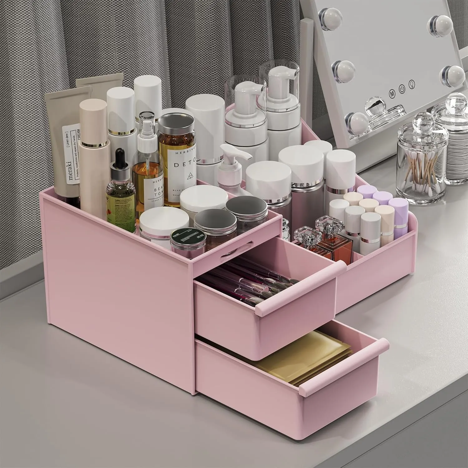 Makeup Organizer Countertop, Vanity Organizer with Drawers for Cosmetics, Skincare, Brushes, Perfume, Skincare Organizer for Vanity, Perfume Organizer for Dresser, Bathroom (Pink&2 Drawers)