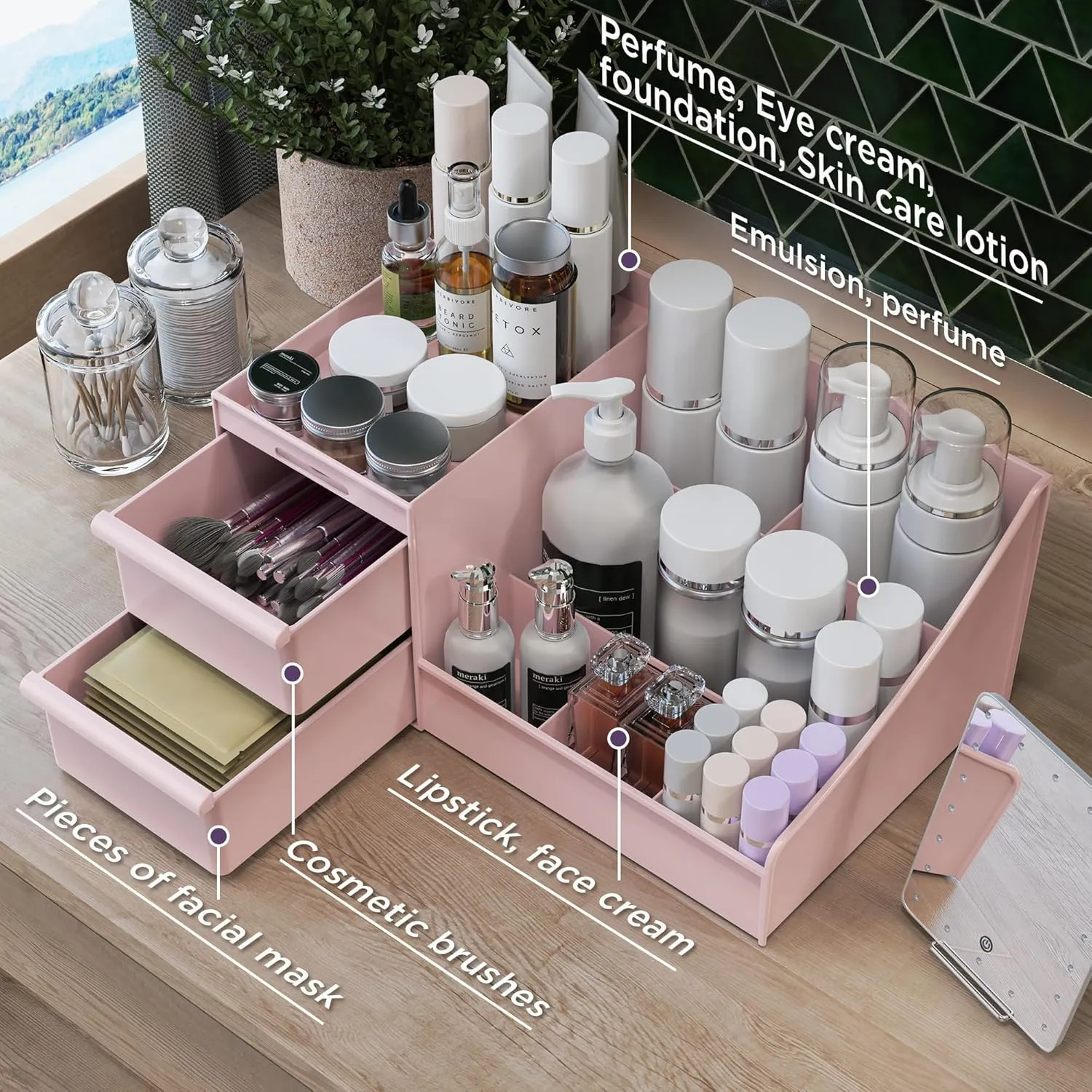 Makeup Organizer Countertop, Vanity Organizer with Drawers for Cosmetics, Skincare, Brushes, Perfume, Skincare Organizer for Vanity, Perfume Organizer for Dresser, Bathroom (Pink&2 Drawers)