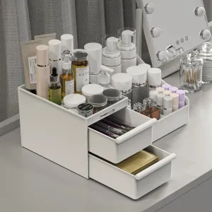 Makeup Organizer Countertop, Vanity Organizer with Drawers for Cosmetics, Skincare, Brushes, Perfume, Skincare Organizer for Vanity, Perfume Organizer for Dresser, Bathroom (White&2 Drawers)