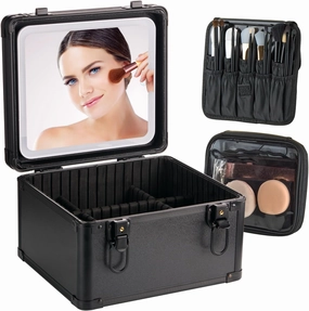 Makeup Bag with Detachable Lighted Mirror, Waterproof Travel Train Case, Cosmetic Bag Organizer for Women with Rechargeable LED Mirror and Adjustable Divider, (Case Brush Bag Storage Bag)