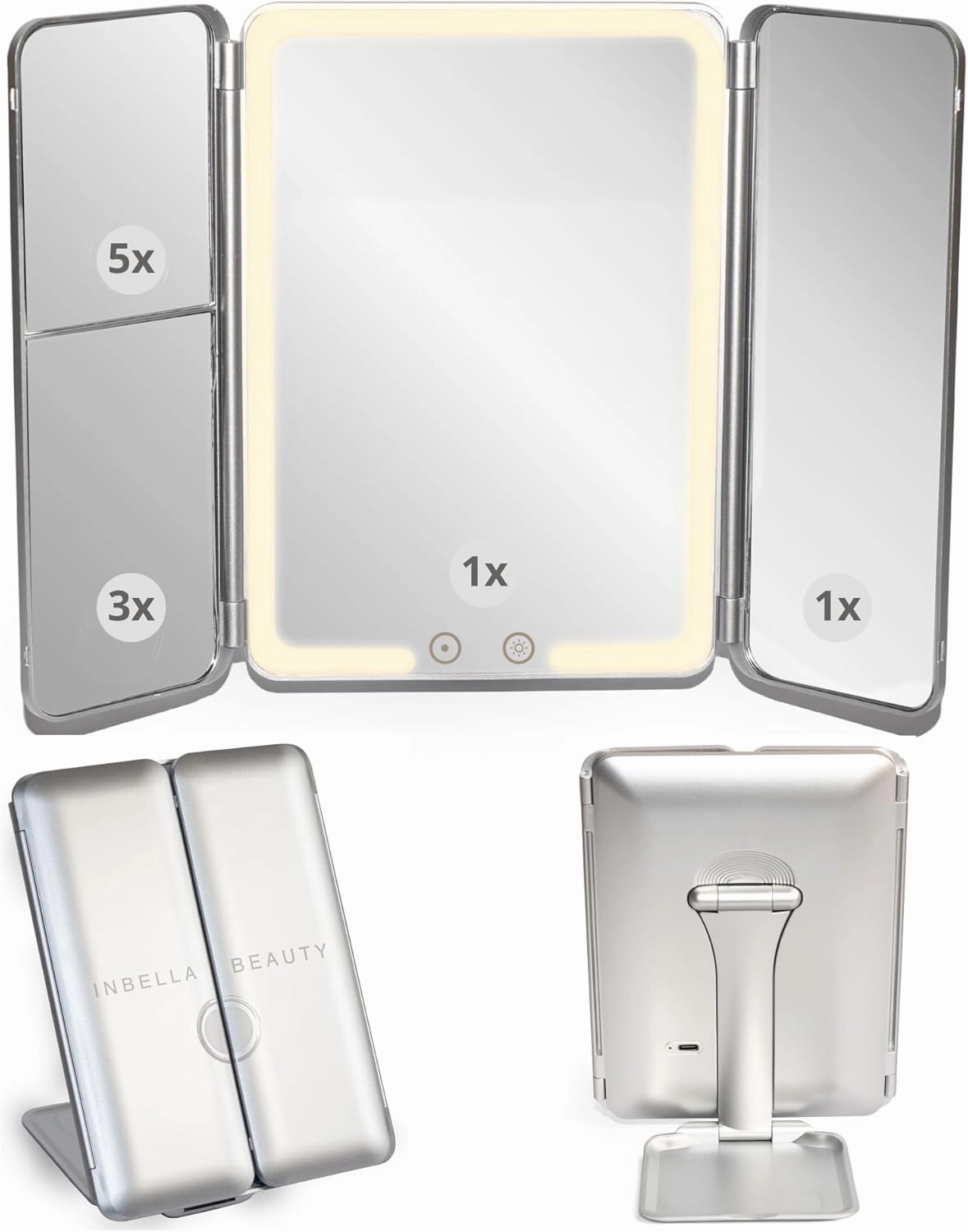 Makeup Mirror Vanity Mirror Lights 1X/3X/5X Magnification, Touch Control Design with Dimmable LED Lights with High Definition Lighting Modes, Rechargeable Mirror, Gift. (Light Gray)