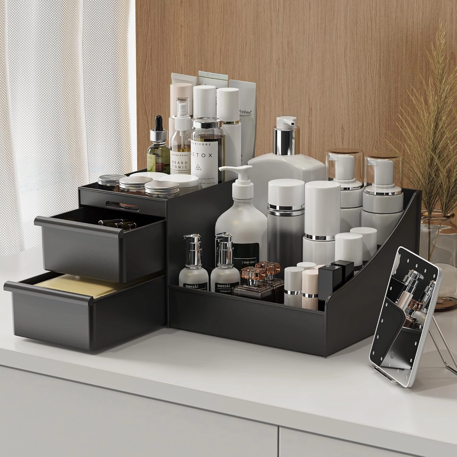 Makeup Organizer Countertop, Vanity Organizer with Drawers for Cosmetics, Skincare, Brushes, Perfume, Skincare Organizer for Vanity, Perfume Organizer for Dresser, Bathroom (Black&2 Drawers)