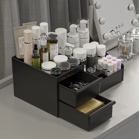 Makeup Organizer Countertop, Vanity Organizer with Drawers for Cosmetics, Skincare, Brushes, Perfume, Skincare Organizer for Vanity, Perfume Organizer for Dresser, Bathroom (Black&2 Drawers)