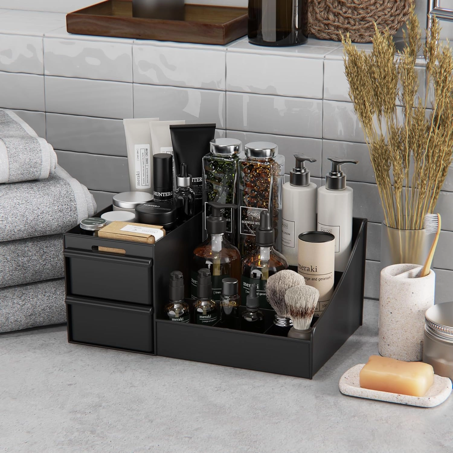 Makeup Organizer Countertop, Vanity Organizer with Drawers for Cosmetics, Skincare, Brushes, Perfume, Skincare Organizer for Vanity, Perfume Organizer for Dresser, Bathroom (Black&2 Drawers)