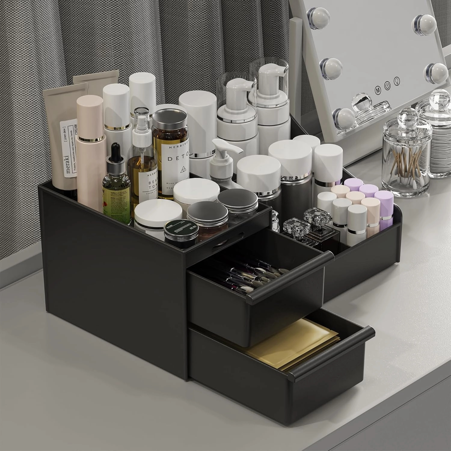 Makeup Organizer Countertop, Vanity Organizer with Drawers for Cosmetics, Skincare, Brushes, Perfume, Skincare Organizer for Vanity, Perfume Organizer for Dresser, Bathroom (Black&2 Drawers)