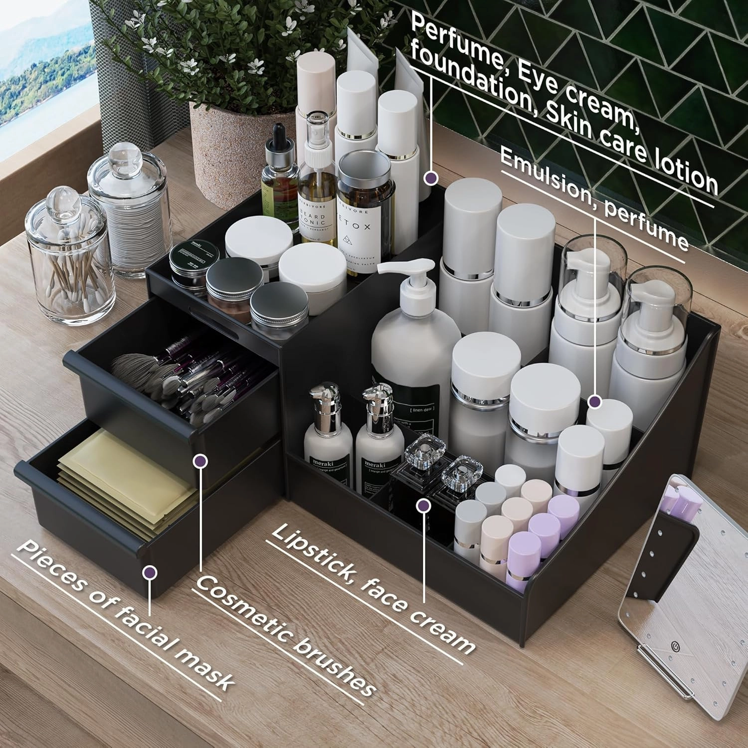 Makeup Organizer Countertop, Vanity Organizer with Drawers for Cosmetics, Skincare, Brushes, Perfume, Skincare Organizer for Vanity, Perfume Organizer for Dresser, Bathroom (Black&2 Drawers)