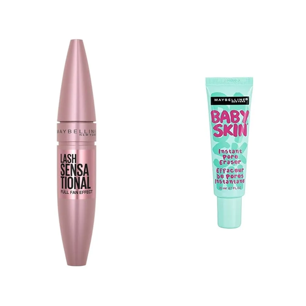 Maybelline Mascara & Primer Bundle - Lash Sensational Lengthening & Volumizing Mascara (1 Count)   Baby Skin Instant Pore Eraser Primer (1 Count)