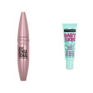 Maybelline Mascara & Primer Bundle - Lash Sensational Lengthening & Volumizing Mascara (1 Count)   Baby Skin Instant Pore Eraser Primer (1 Count)