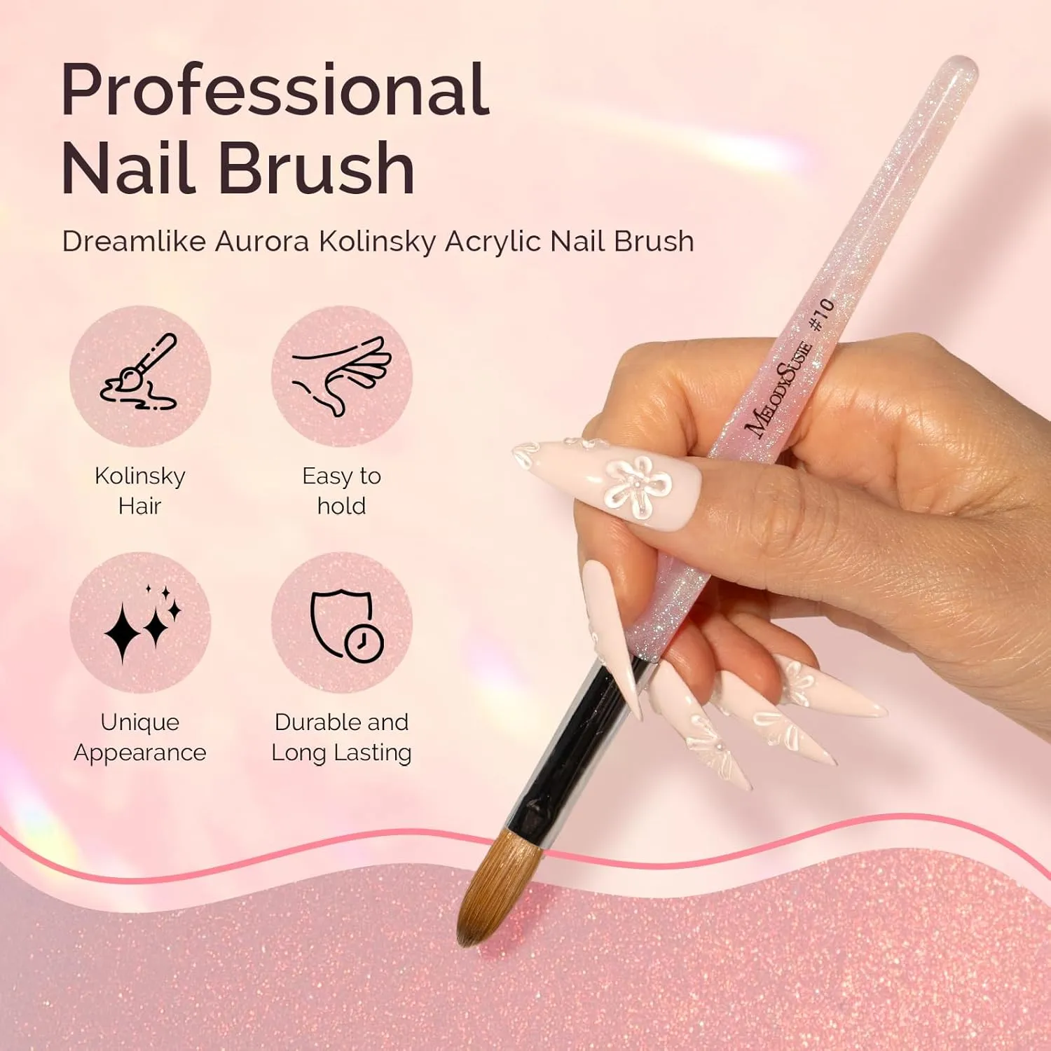 MelodySusie Kolinsky Acrylic Nail Brush,66% Kolinsky Hair Professional Nail Art Brush for Acrylic Application,Aurora Collection Fine Glitter Brush,Size 12