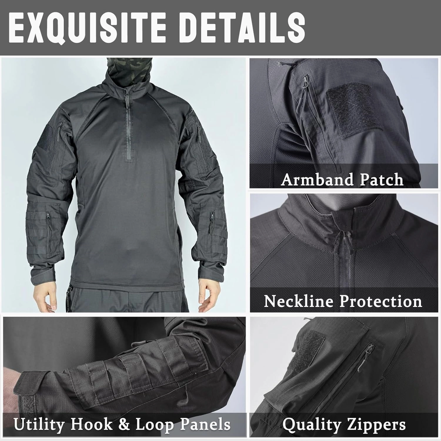 Men's Tactical Shirts Military Combat Shirt，1/4 Zipper Long Sleeve with Elbow Pads Top for Outdoor Paintball Airsoft