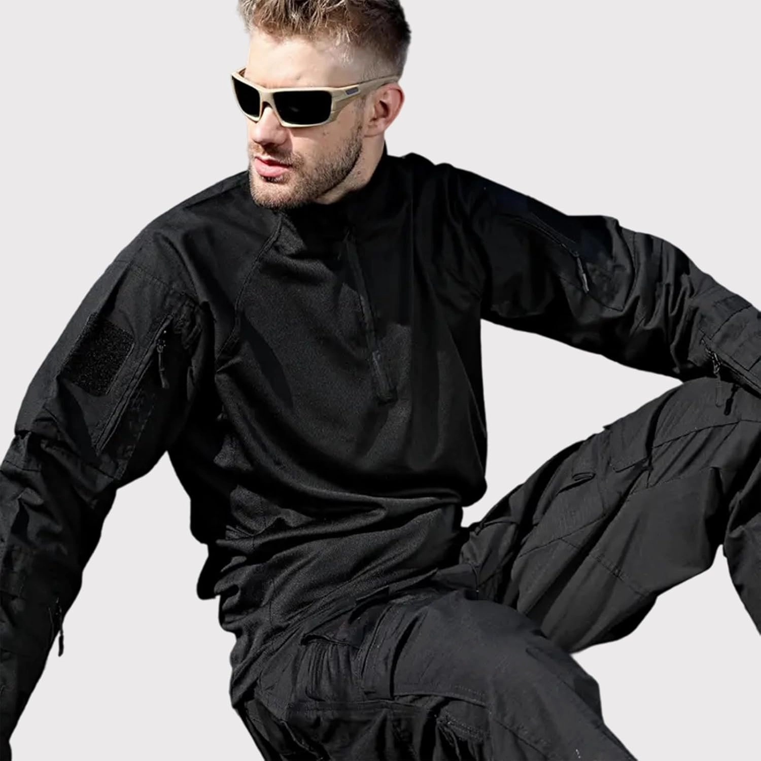 Men's Tactical Shirts Military Combat Shirt，1/4 Zipper Long Sleeve with Elbow Pads Top for Outdoor Paintball Airsoft