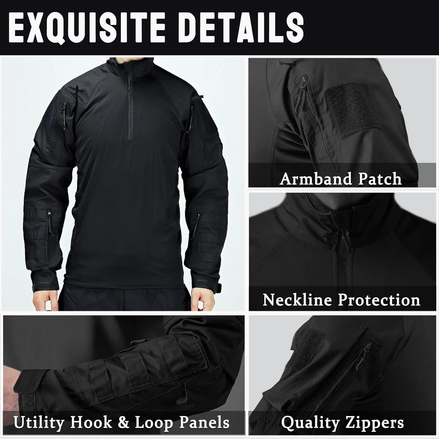 Men's Tactical Shirts Military Combat Shirt，1/4 Zipper Long Sleeve with Elbow Pads Top for Outdoor Paintball Airsoft