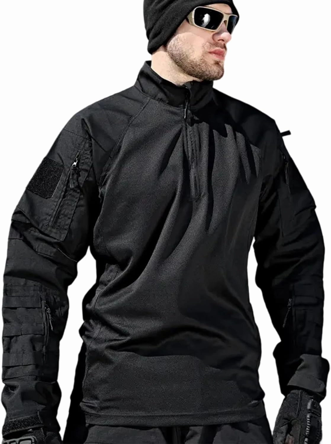 Men's Tactical Shirts Military Combat Shirt，1/4 Zipper Long Sleeve with Elbow Pads Top for Outdoor Paintball Airsoft