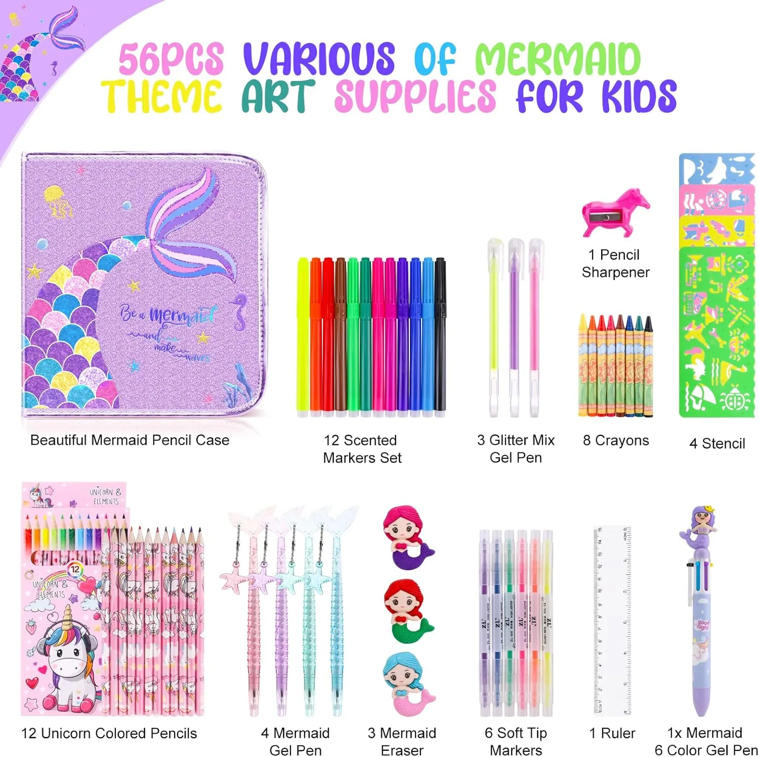 Mermaid Art Craft Kit for Kids, 56 Piece Set with Pencil Case, Markers, Crayons, Gel Pens, Erasers, Stencils, Ruler