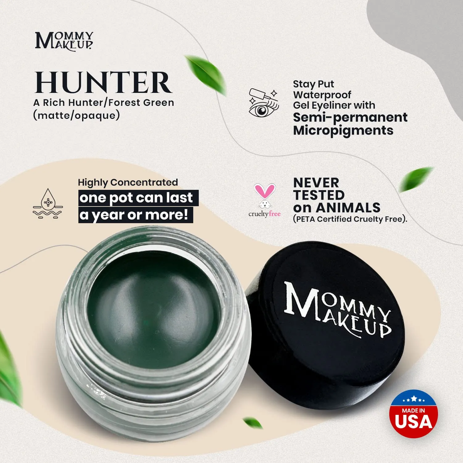 Mommy Makeup Waterproof Stay Put Gel Eyeliner Pot with Semi Permanent Micropigments - Long Lasting, Highly Pigmented Eye Liner, 0.14 oz (Hunter)