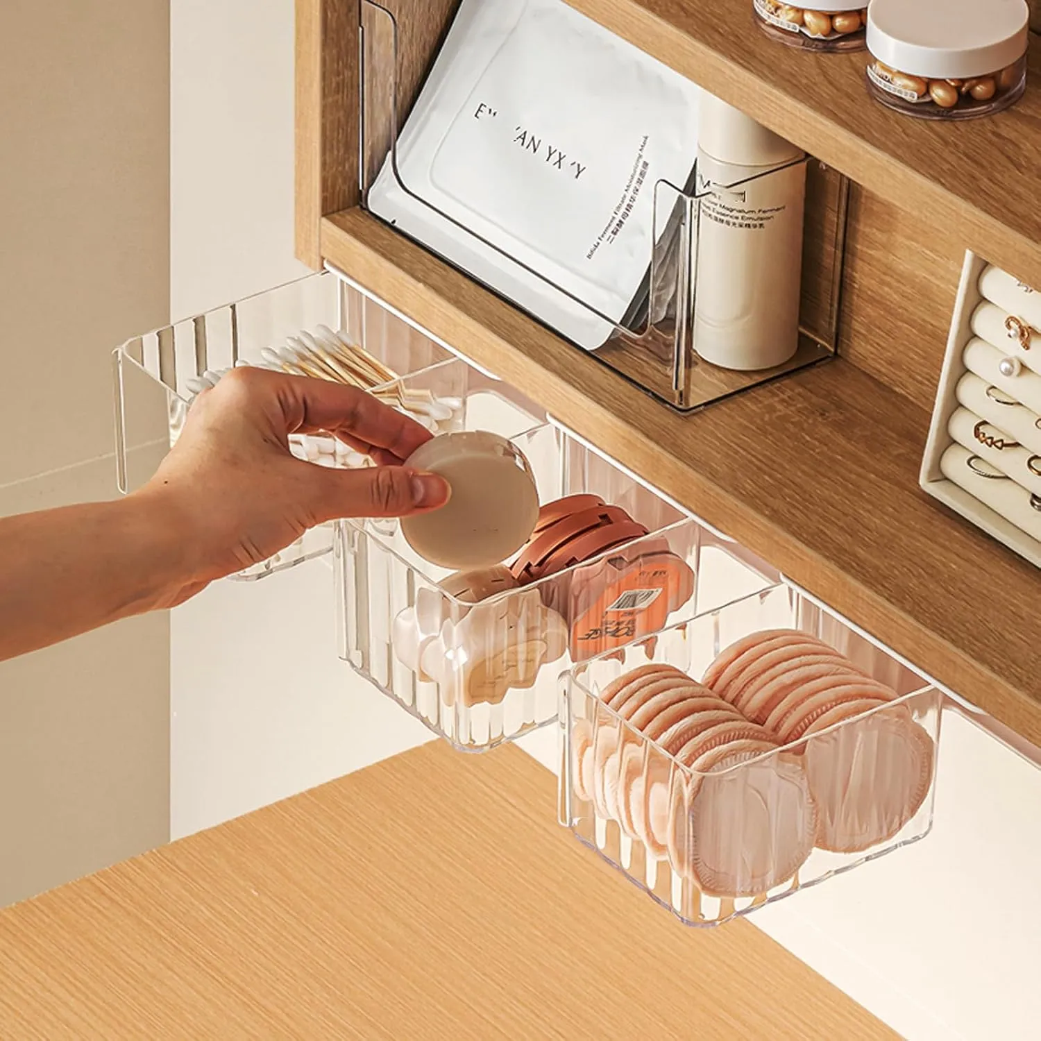 MORNITE 3 Pcs Wall-Mounted Qtip Holder, Bathroom Cosmetic Organizer for Cotton Pads, Swabs, Balls, Makeup Sponges, Powder, Hair Ties, Under Mirror Cabinet Small Vanity Storage