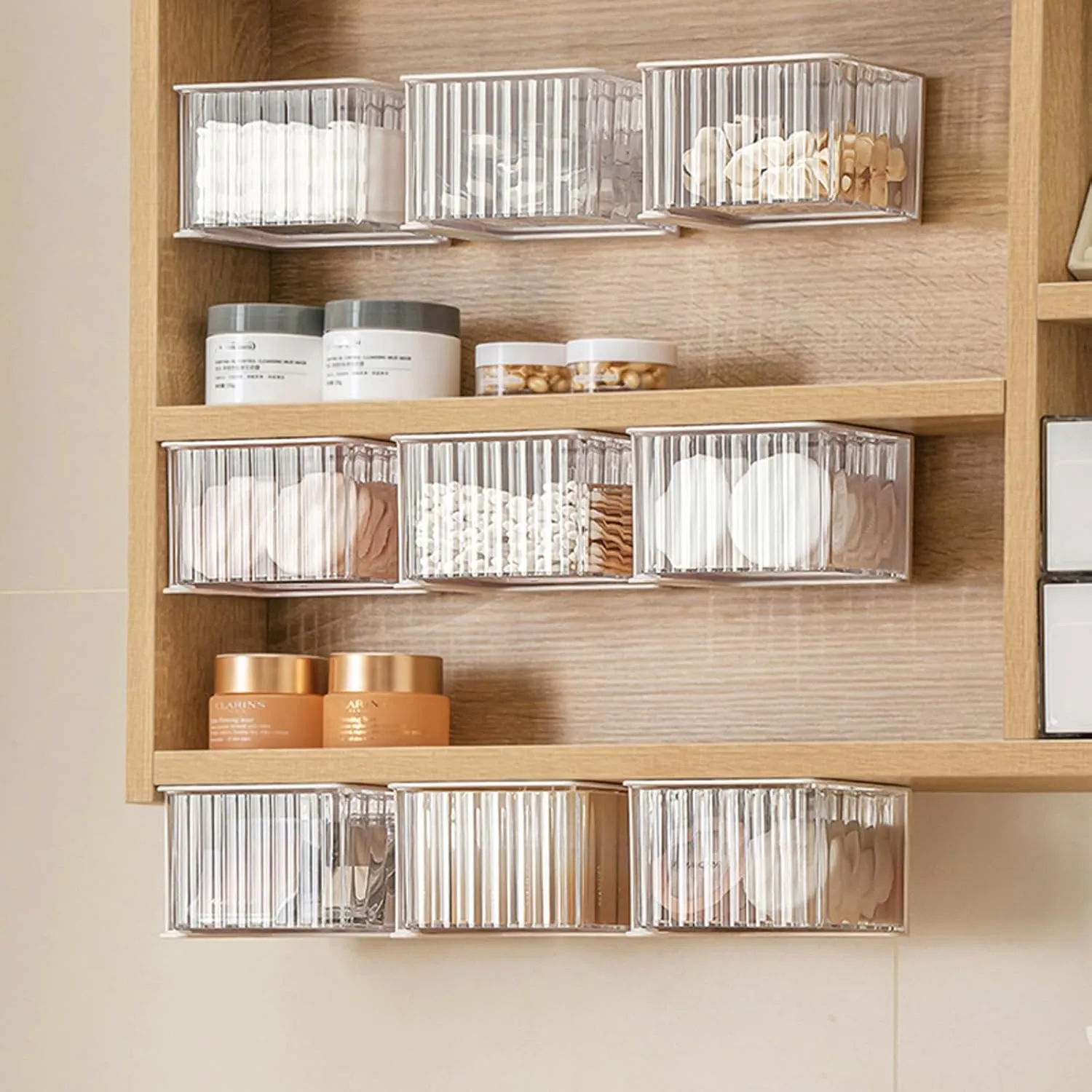 MORNITE 3 Pcs Wall-Mounted Qtip Holder, Bathroom Cosmetic Organizer for Cotton Pads, Swabs, Balls, Makeup Sponges, Powder, Hair Ties, Under Mirror Cabinet Small Vanity Storage