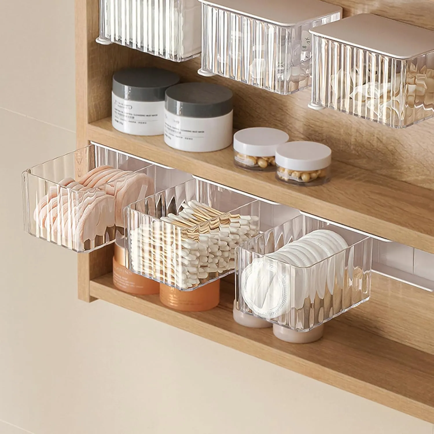 MORNITE 3 Pcs Wall-Mounted Qtip Holder, Bathroom Cosmetic Organizer for Cotton Pads, Swabs, Balls, Makeup Sponges, Powder, Hair Ties, Under Mirror Cabinet Small Vanity Storage