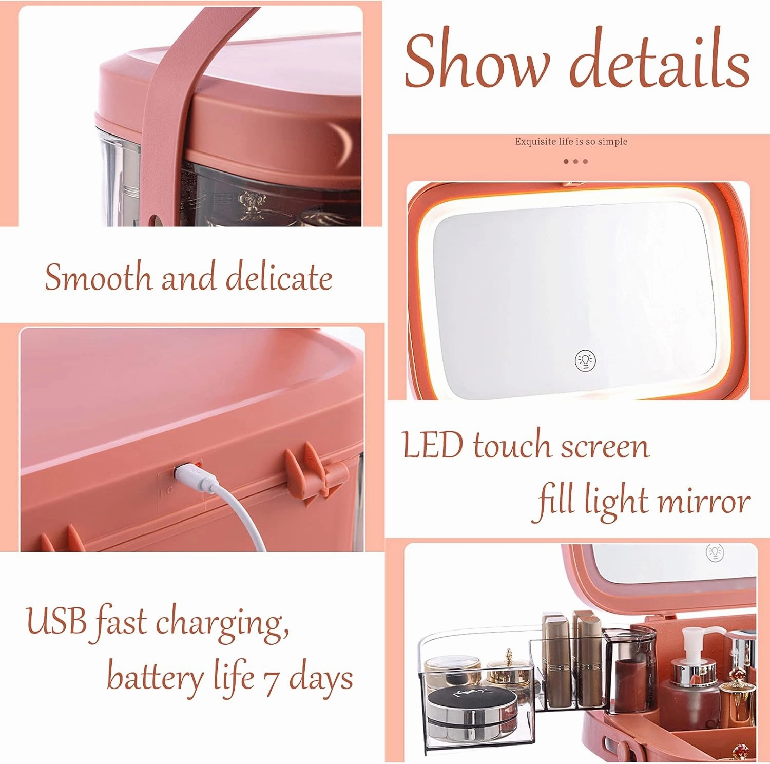 N A Makeup Organizer, Make Up Case Cosmetic Dustproof Waterproof Makeup Storage Box with Led Light Mirror Cosmetic Organiser Makeup Organiser Storage Case