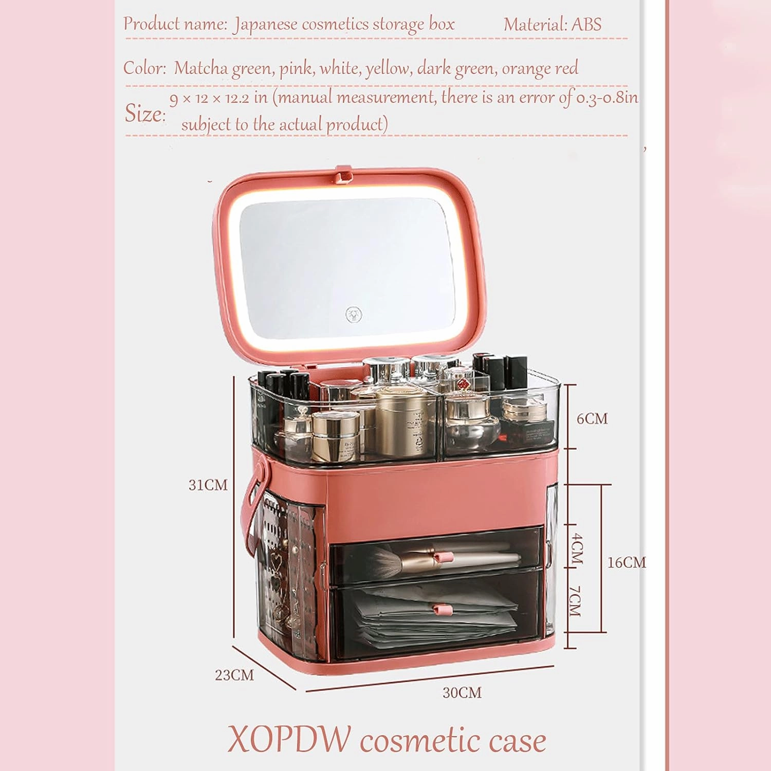 N A Makeup Organizer, Make Up Case Cosmetic Dustproof Waterproof Makeup Storage Box with Led Light Mirror Cosmetic Organiser Makeup Organiser Storage Case