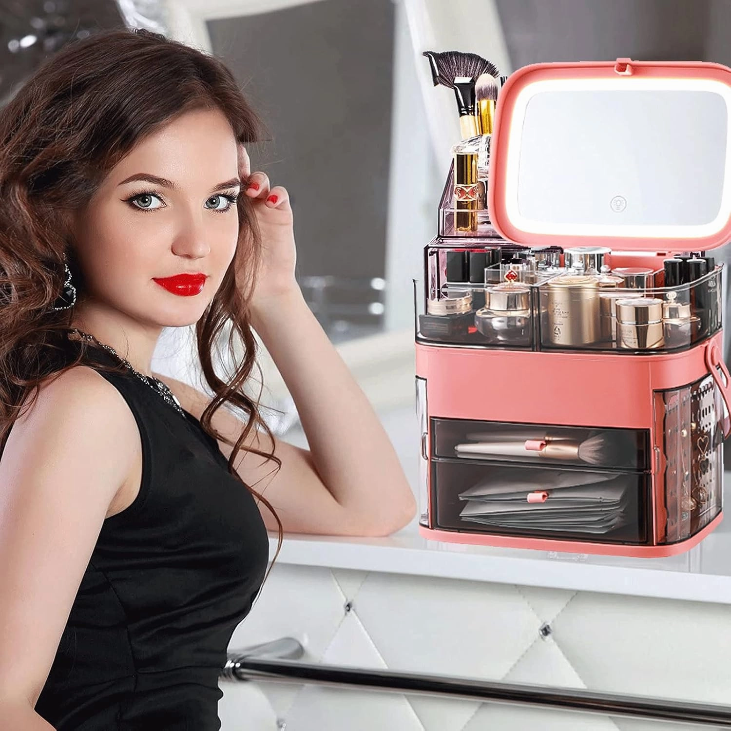 N A Makeup Organizer, Make Up Case Cosmetic Dustproof Waterproof Makeup Storage Box with Led Light Mirror Cosmetic Organiser Makeup Organiser Storage Case