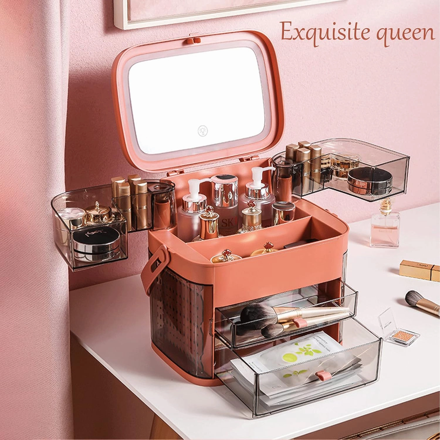 N A Makeup Organizer, Make Up Case Cosmetic Dustproof Waterproof Makeup Storage Box with Led Light Mirror Cosmetic Organiser Makeup Organiser Storage Case